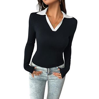 Women's Long Sleeve Color Block Tops V Neck Collared Work Polo Shirt Slim Fit Basic Shirt