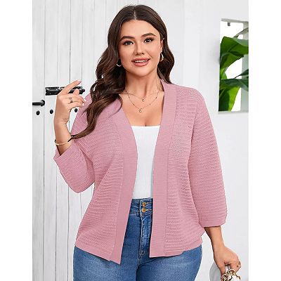 Womens Plus Size Summer Cardigan 3/4 Length Sleeve Sweaters Casual