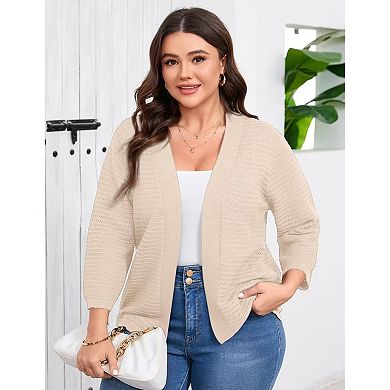 Womens Plus Size Summer Cardigan 3/4 Length Sleeve Sweaters Casual Knitted Open Front Cardigans