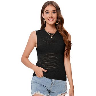 Womens Sleeveless Knit Sweater Vest Casual Solid Camis Short Hollow Out Pullover