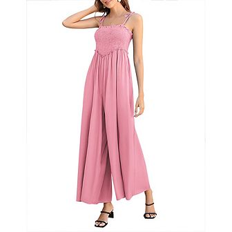 Women's Smocked Sleeveless Jumpsuits Casual Spaghetti Strap Wide Leg Rompers With Pockets