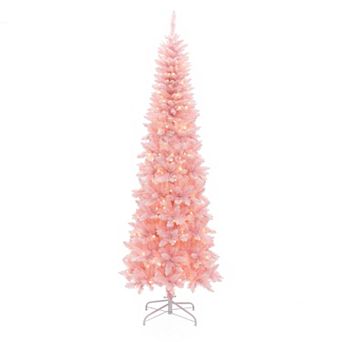LuxenHome 7ft Pre-lit Pink Slim Tree With Metal Stand