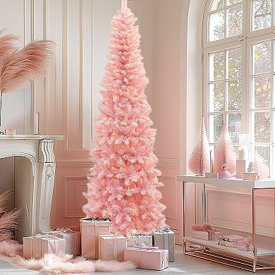 LuxenHome 7ft Pre-lit Pink Slim Tree With Metal Stand