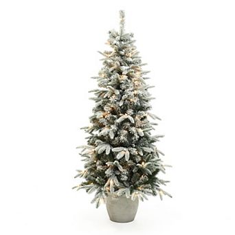 LuxenHome 5ft Pre-lit Snow-Flocked Slim Fir Potted Artificial Christmas Tree