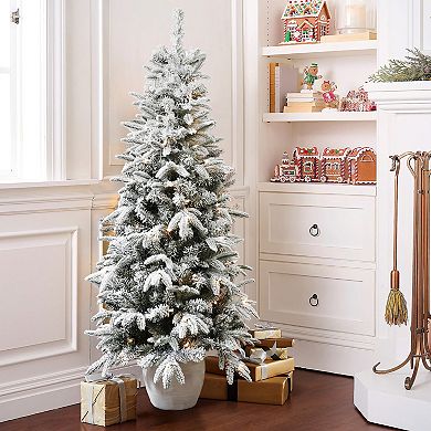 LuxenHome 5ft Pre-lit Snow-Flocked Slim Fir Potted Artificial Christmas Tree