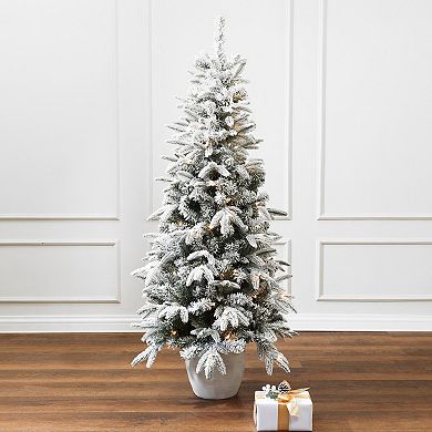 LuxenHome 5ft Pre-lit Snow-Flocked Slim Fir Potted Artificial Christmas Tree