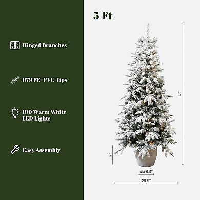 LuxenHome 5ft Pre-lit Snow-Flocked Slim Fir Potted Artificial Christmas Tree