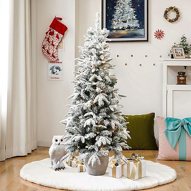 LuxenHome 5ft Pre-lit Snow-Flocked Slim Fir Potted Artificial Christmas Tree