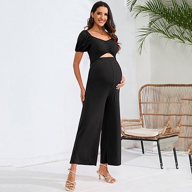 Women's Maternity Cutout Jumpsuits Short Sleeve Sweetheart Neck Casual High Waist Wide Leg Rompers