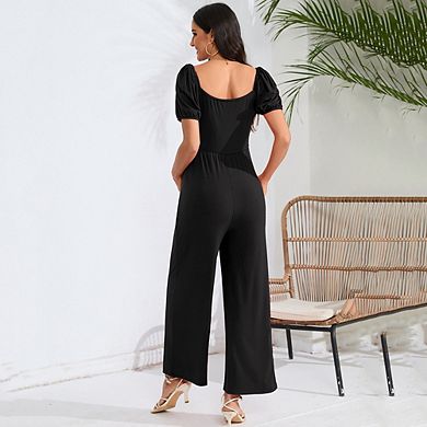 Women's Maternity Cutout Jumpsuits Short Sleeve Sweetheart Neck Casual High Waist Wide Leg Rompers