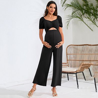 Women's Maternity Cutout Jumpsuits Short Sleeve Sweetheart Neck Casual High Waist Wide Leg Rompers