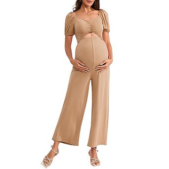 Women's Maternity Cutout Jumpsuits Short Sleeve Sweetheart Neck Casual High Waist Wide Leg Rompers