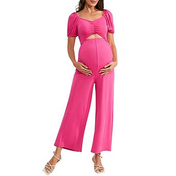Women's Maternity Cutout Jumpsuits Short Sleeve Sweetheart Neck Casual High Waist Wide Leg Rompers