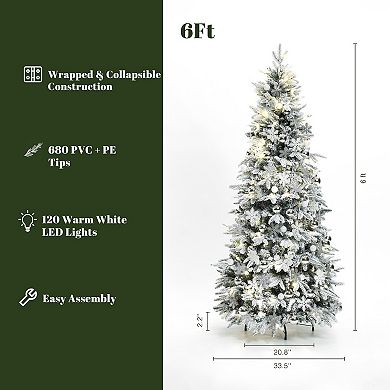 LuxenHome 6ft Pre-lit Snow Flocked Pop-up Artificial Christmas Tree