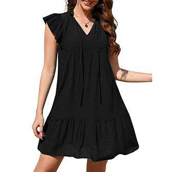 Women's Babydoll Mini Dress Summer V Neck Flutter Sleeve Boho Floral Flowy Shift Short Dress