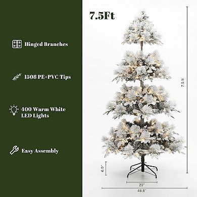 LuxenHome 7.5ft Pre-lit Flocked Slender Artificial Pine Christmas Tree