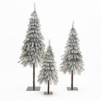 LuxenHome 3 pc Snow-flocked Sweeping Branches Artificial Tree Set With Battery Operated Lights