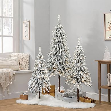 LuxenHome 3-piece Snow-flocked Sweeping Branches Artificial Tree Set With Battery Operated Lights