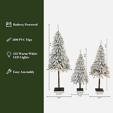 LuxenHome 3-piece Snow-flocked Sweeping Branches Artificial Tree Set With Battery Operated Lights