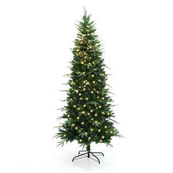 LuxenHome 7ft Pre-lit Green Slim Artificial Christmas Tree With 8 Light Functions