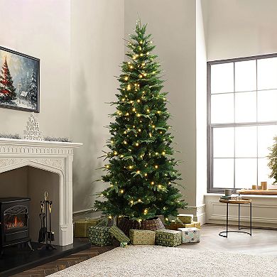 LuxenHome 7ft Pre-lit Green Slim Artificial Christmas Tree With 8 Light Functions