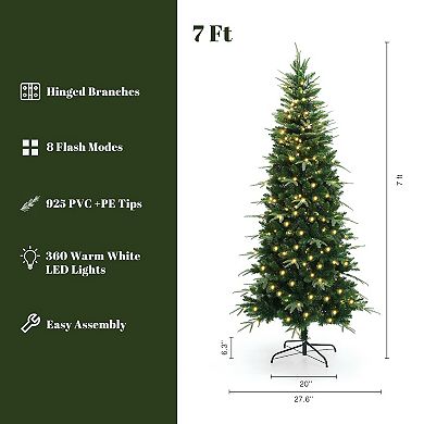 LuxenHome 7ft Pre-lit Green Slim Artificial Christmas Tree With 8 Light Functions