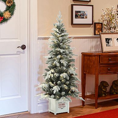 LuxenHome 5ft Pre-lit Snow-Flocked Full Pine Potted Artificial Christmas Tree
