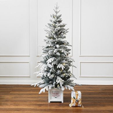 LuxenHome 5ft Pre-lit Snow-Flocked Full Pine Potted Artificial Christmas Tree
