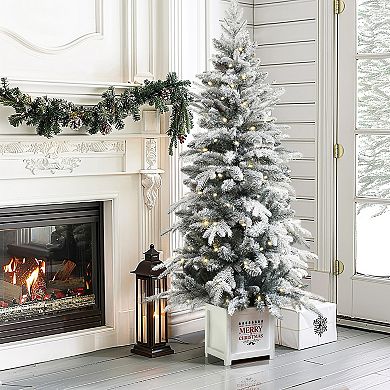 LuxenHome 5ft Pre-lit Snow-Flocked Full Pine Potted Artificial Christmas Tree