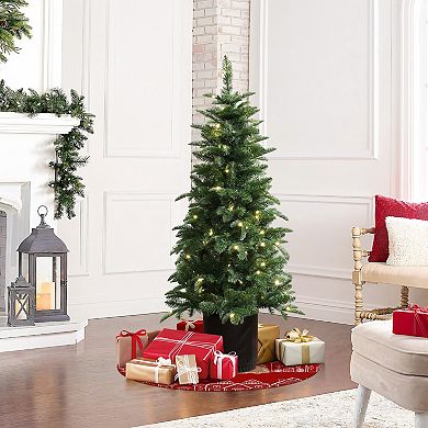 LuxenHome 4.5ft Pre-lit Green Full Fir Potted Artificial Christmas Tree