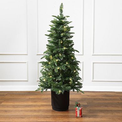 LuxenHome 4.5ft Pre-lit Green Full Fir Potted Artificial Christmas Tree