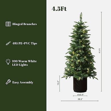 LuxenHome 4.5ft Pre-lit Green Full Fir Potted Artificial Christmas Tree