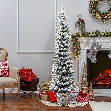 LuxenHome 5ft Flocked Artificial Tree Potted With Multi-color Lights