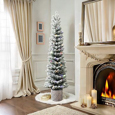 LuxenHome 5ft Flocked Artificial Tree Potted With Multi-color Lights