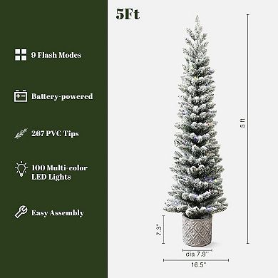 LuxenHome 5ft Flocked Artificial Tree Potted With Multi-color Lights