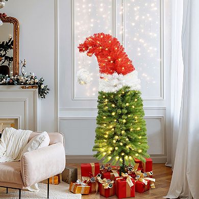 LuxenHome 5ft Pre-lit Artificial Tree With Santa Hat Treetop