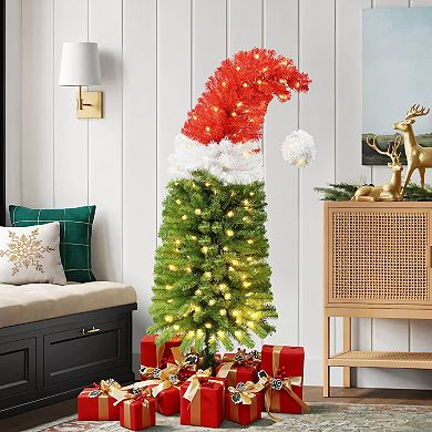 LuxenHome 5ft Pre-lit Artificial Tree With Santa Hat Treetop