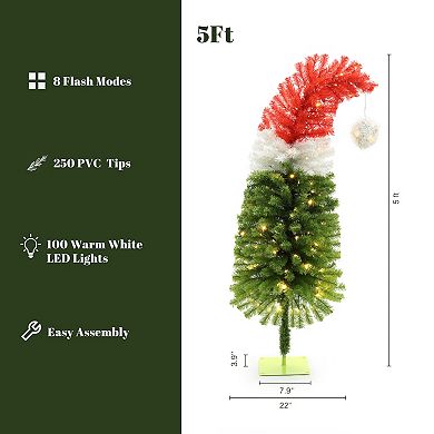LuxenHome 5ft Pre-lit Artificial Tree With Santa Hat Treetop
