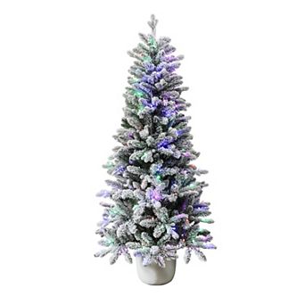 LuxenHome 5ft Multicolored Pre-lit Flocked Artificial Tree Potted
