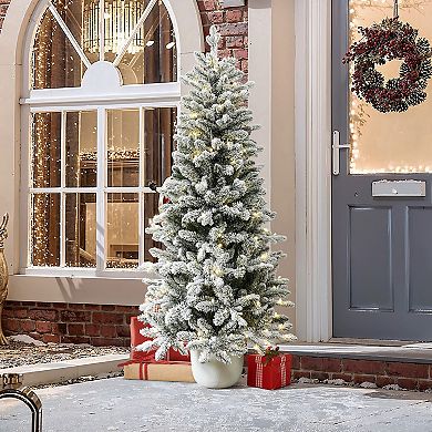 LuxenHome 5ft Multicolored Pre-lit Flocked Artificial Tree Potted
