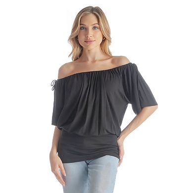 Women's 24Seven Comfort Apparel Solid Color Short Sleeve Split Shoulder Top