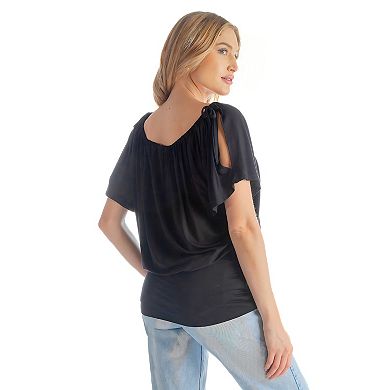 Women's 24Seven Comfort Apparel Solid Color Short Sleeve Split Shoulder Top