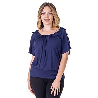 Women's 24Seven Comfort Apparel Solid Short Sleeve Split Shoulder Top