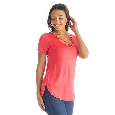 Women's 24Seven Comfort Apparel V-Neck Criss Cross Neckline Tunic Top