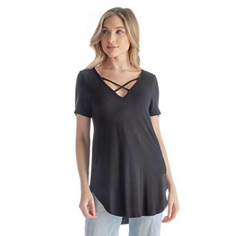 Women's 24Seven Comfort Apparel V-Neck Criss Cross Neckline Tunic Top