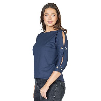 Women's 24Seven Comfort Apparel Three Quarter Sleeve Boatneck Cold Shoulder Top
