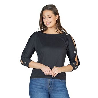 Women's 24Seven Comfort Apparel Three-Quarter Sleeve Boatneck Cold Shoulder Top