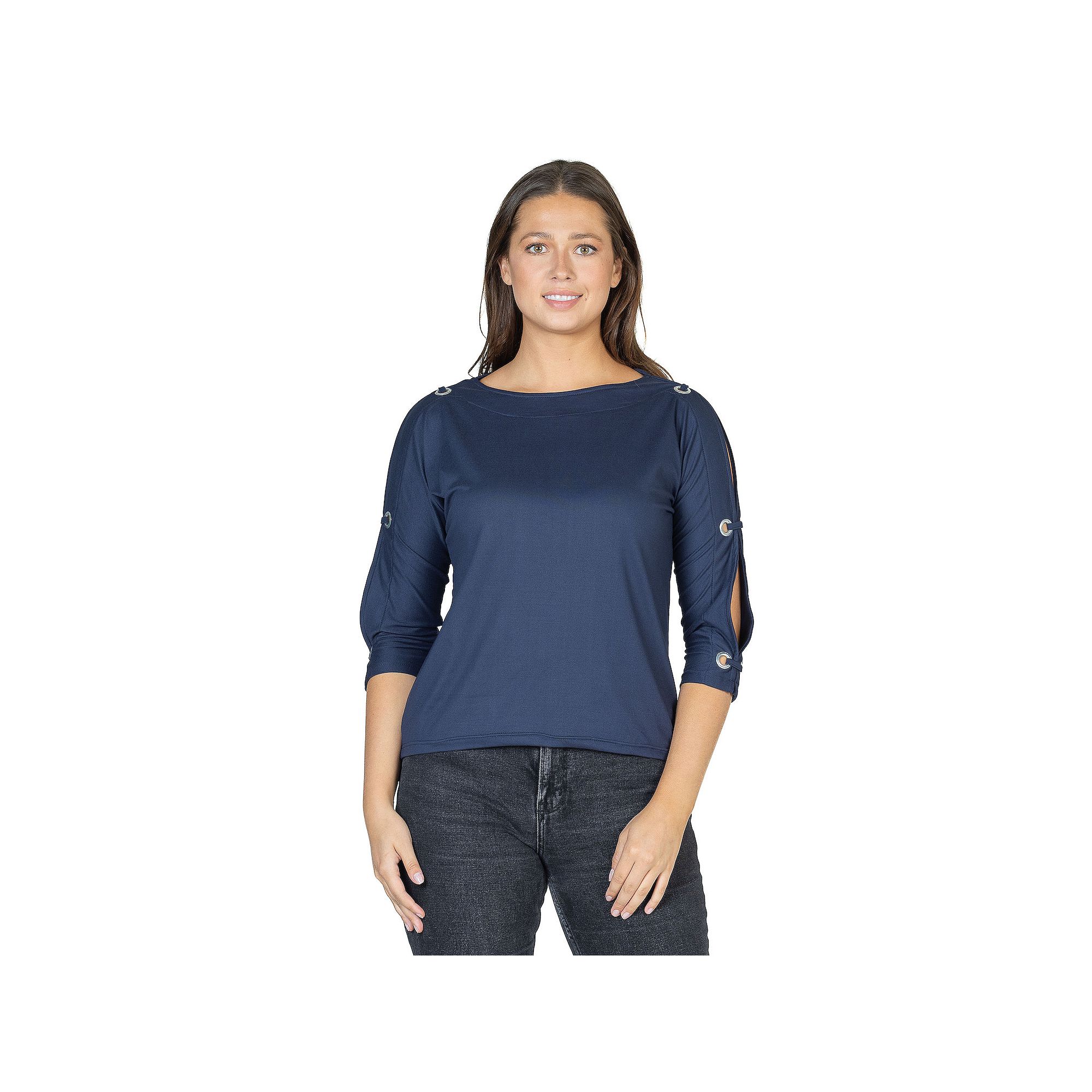Womens 24Seven Comfort Apparel Three-Quarter Sleeve Boatneck Cold Shoulder