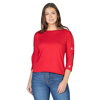 Women's 24Seven Comfort Apparel Three-Quarter Sleeve Boatneck Cold Shoulder Top