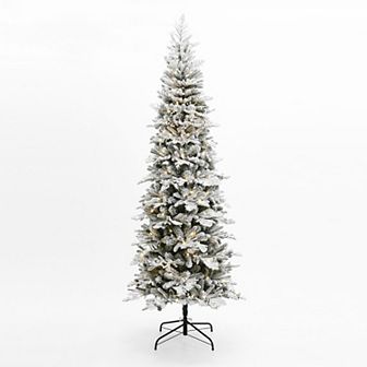 LuxenHome 7.5ft Pre-lit Flocked Artificial Christmas Tree With Pine Cones